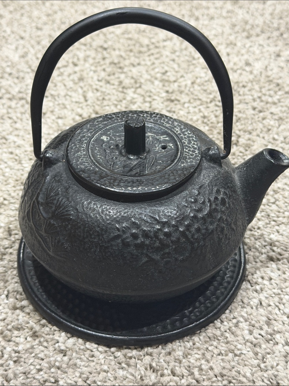 Small Cast Iron Black Teapot with Handle and Trivet and mesh insert